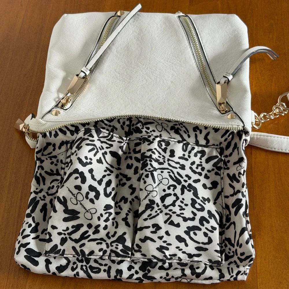 Jessica Simpson White Faux Leather Crossbody with Gold Chain Accents